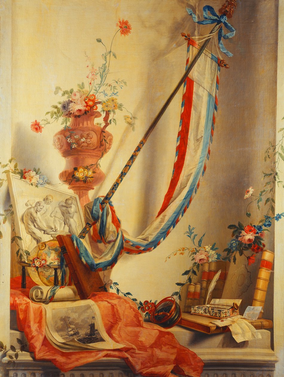 Et banner, blomster i en urne, et relieff, en globus, et trykk, et kompass, et skrivesett, bokstaver og Blaeus atlas i en nisje av Gerke Jans de Jager