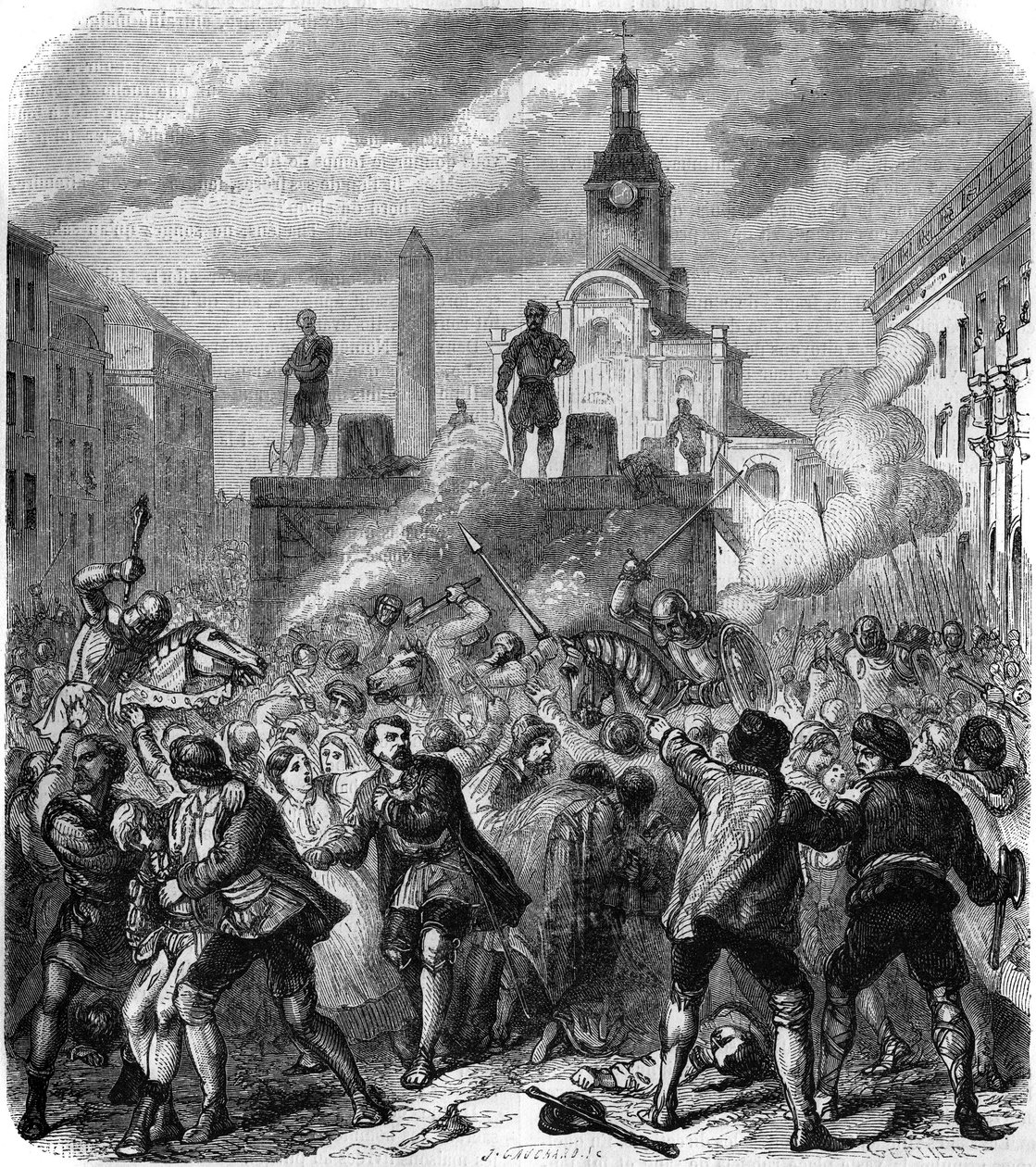 Stockholms blodsutgytelse, massakrer på svenske nasjonale motstandsledere beordret av kong Christian II av Danmark, 8. november 1520: hæren prøver å roe befolkningens sinne, tvunget til å se henrettelsene. Gravering av Gerlier av Gerlier Gerlier