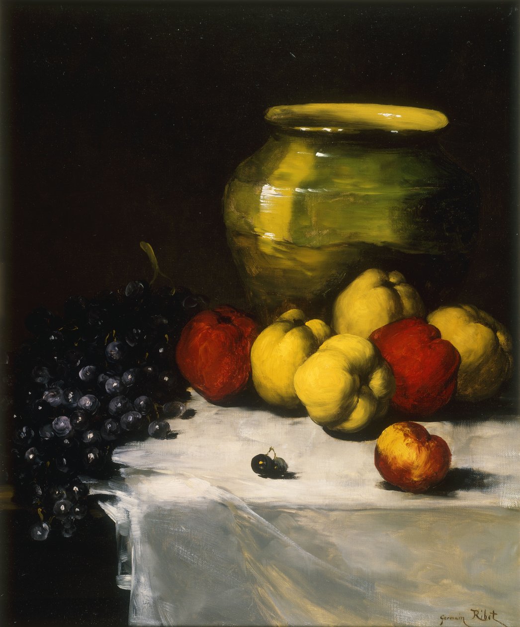 Et stilleben med epler og druer, av Germain Ribot