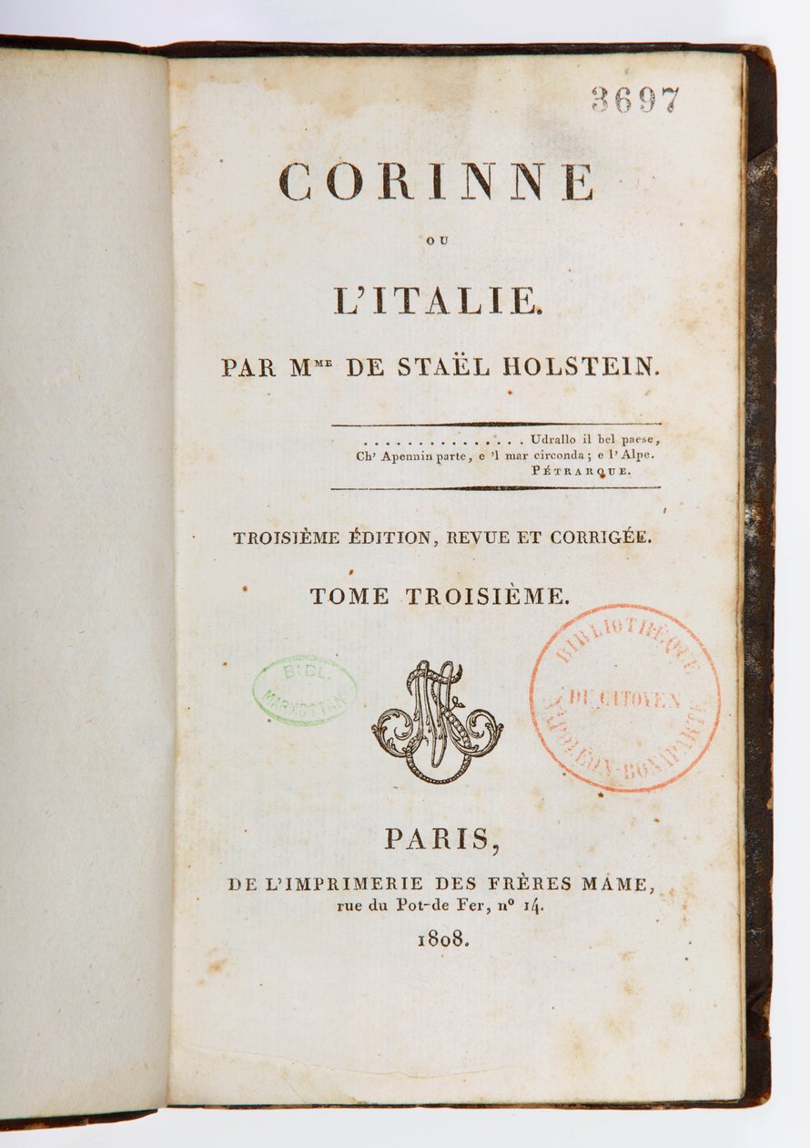 Tittelside til Corinne ou lItalie, 3. reviderte og forstørrede utgave, 3. bind, Imprimerie des Freres Mame, Paris, 1808 (trykt papir) av Germaine de Stael