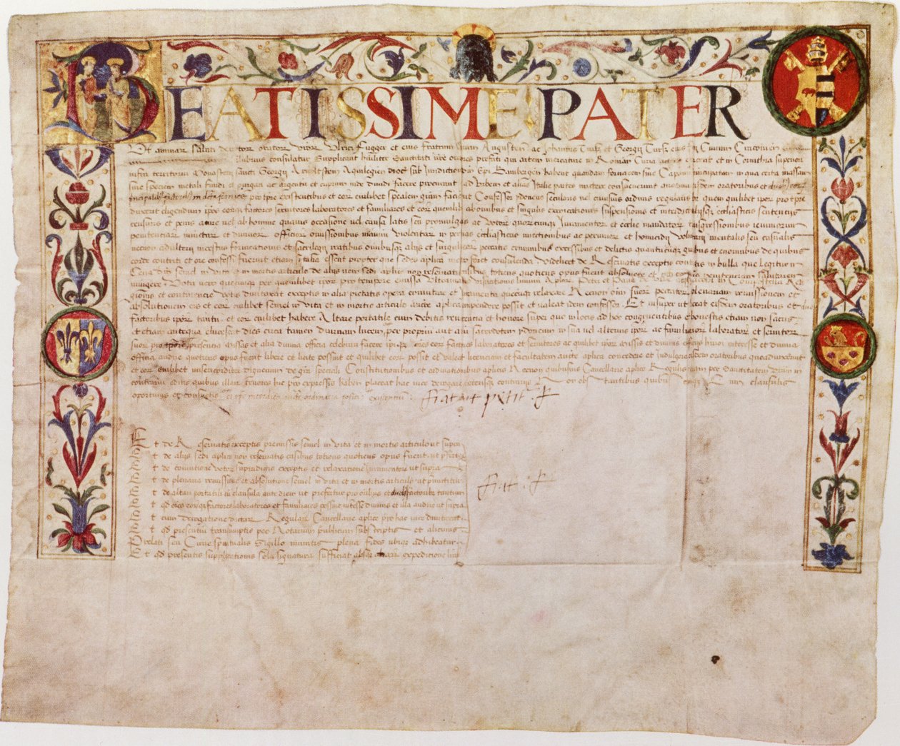 En begjæring fra den tyske bankfamilien Fugger til pave Alexander VI (penn og blekk på vellum) av German School