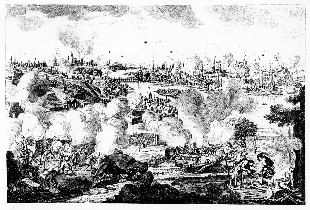 Bombardement av Praha om natten 29. og 30. mai 1757, gravert av P. Benazech av German School