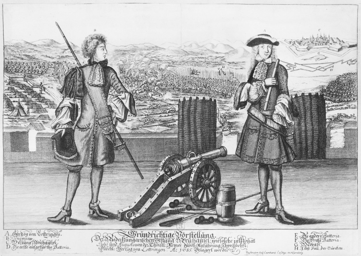 Charles V, hertugen av Lorraine og Bar, med en ingeniør, i slaget ved Neuhausel mot tyrkerne i juli og august 1685 av German School