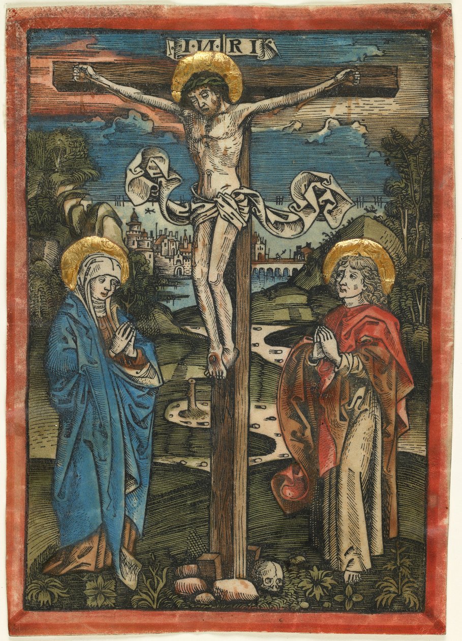Kristus på korset med Maria og Johannes, fra Missale Defunctorum, ca 1499 (håndfarget tresnitt på vellum) av German School