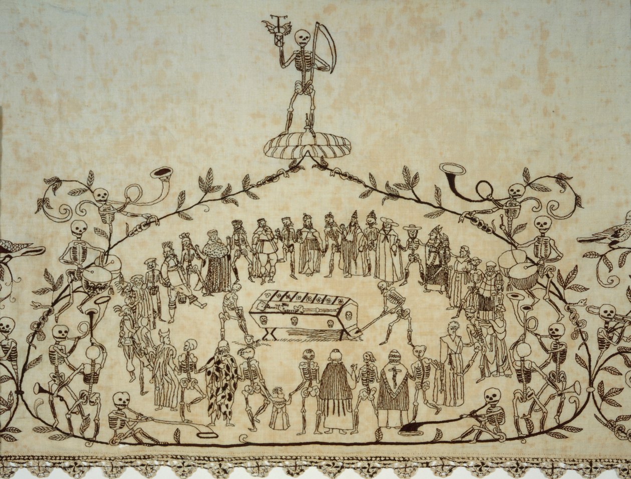 Detalj av Kassler Totentanztuch likkledet, 1635-37 (lin, silke og blonder) av German School