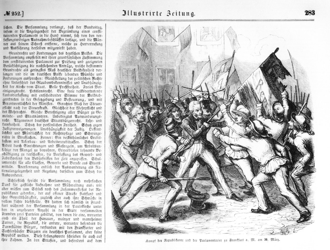 Kamp mellom republikanerne og parlamentsmedlemmene i Frankfurt-am-Main 30. mars 1848, illustrasjon fra 