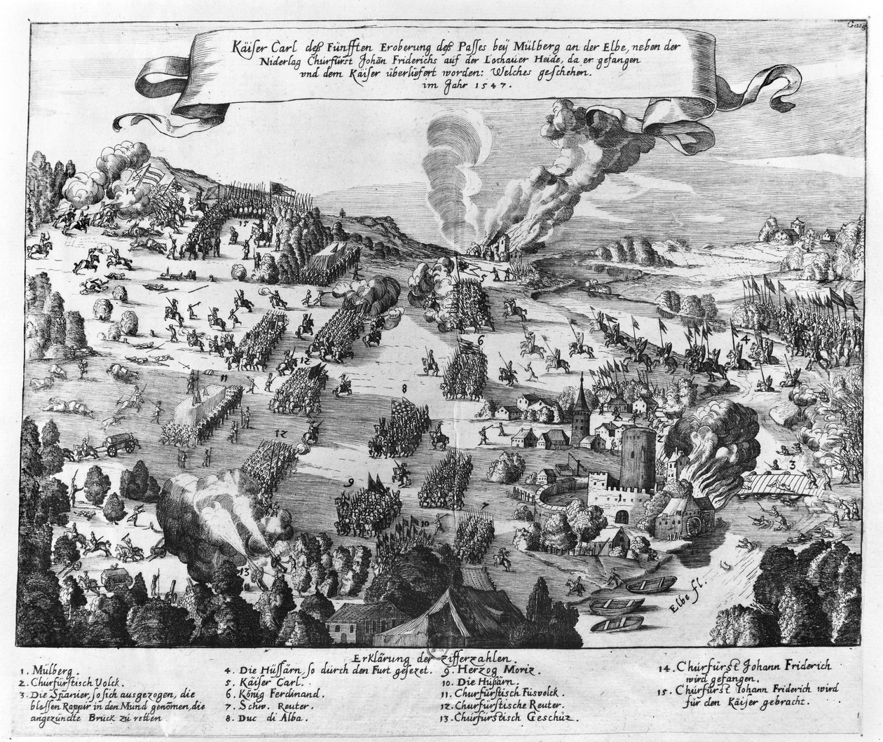 Generell oversikt over slaget ved Muhlberg, 24. april 1547 av German School