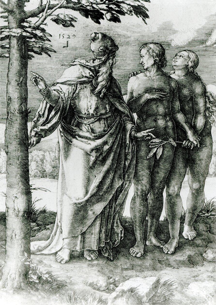 Gud viser Adam og Eva livets tre i Edens hage, 1529 av German School