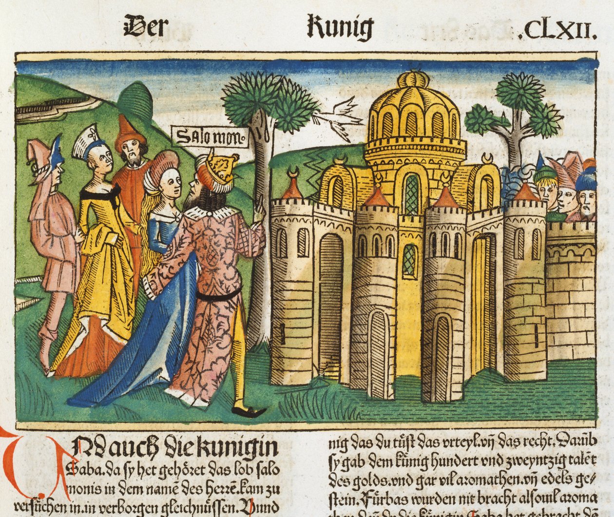 1. Kongebok 10 1-13 Dronning av Saba besøker Salomo, fra Nürnbergbibelen (Biblia Sacra Germanaica) (farget tresnitt) av German School