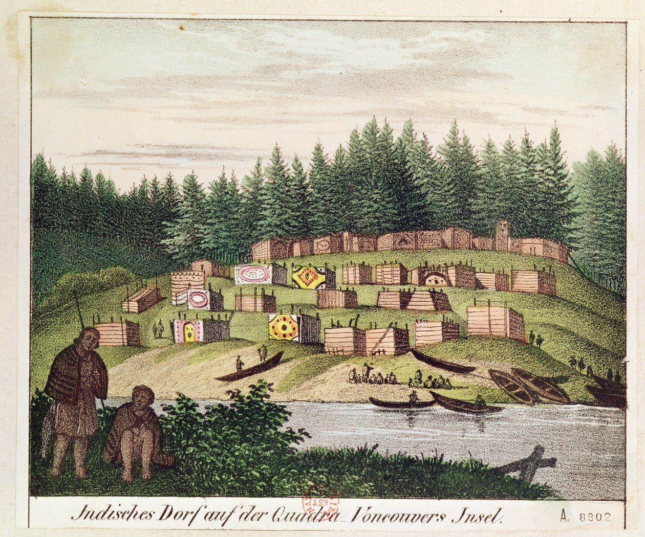 Indian Campment på Quadra Island, Vancouver Islands (fargegravering) av German School