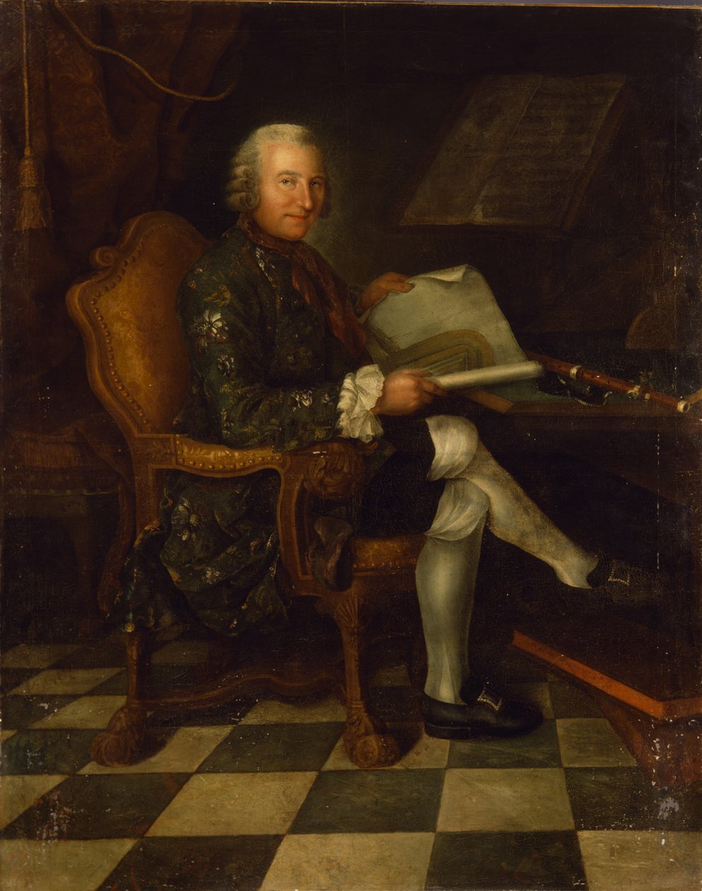 Isaac Egmont von Chasot ved skrivebordet sitt (med Fredrik den stores fløyte), 1750 av German School
