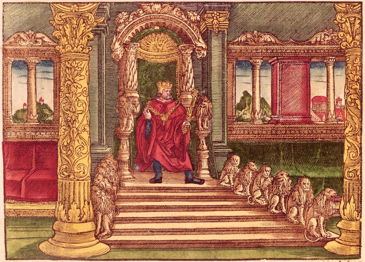 Kong Salomo på sin trone, 1. utgave, fra Lutherbibelen, ca. 1530 (farget tresnitt) av German School