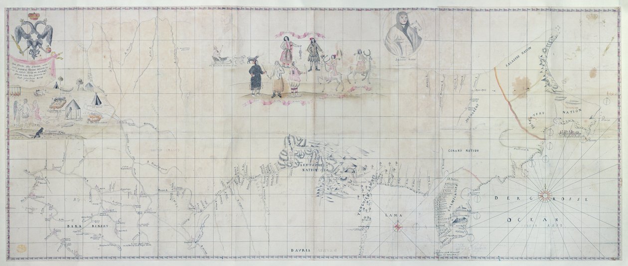 Kart over Sibir, 1729 (håndfarget gravering) av German School