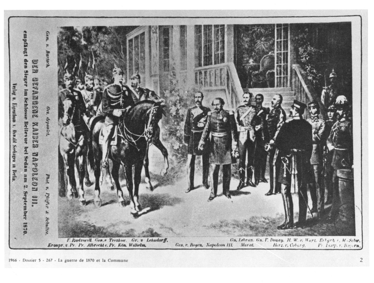 Møte mellom keiser Napoleon III (1808-73) og Kaiser Wilhelm I (1797-1888) ved Bellevue Castle nær Sedan 2. september 1870 av German School