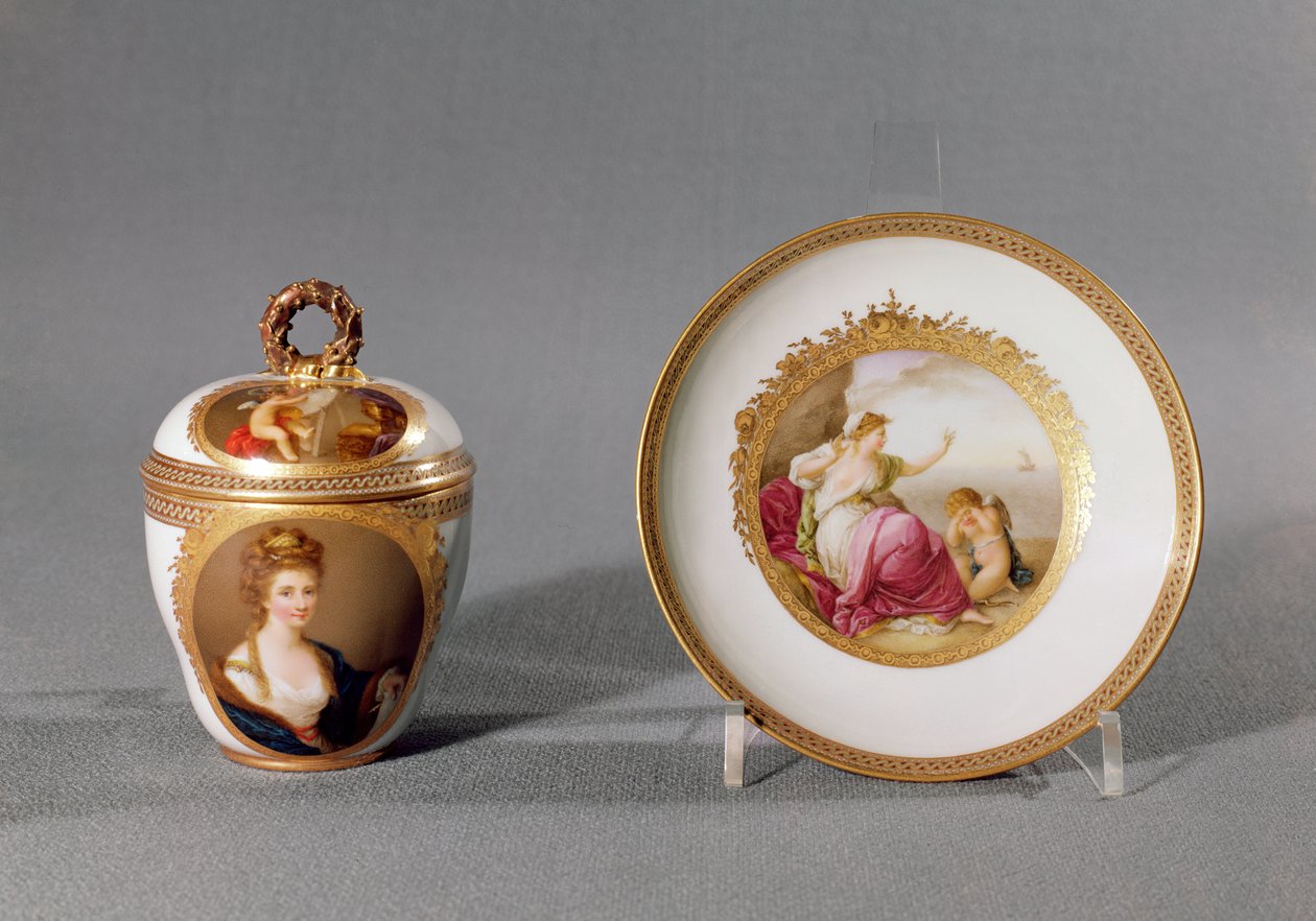 Meissen kopp, deksel og tallerken, malt av Angelica Kauffmann (1741-1807) (porselen) av German School