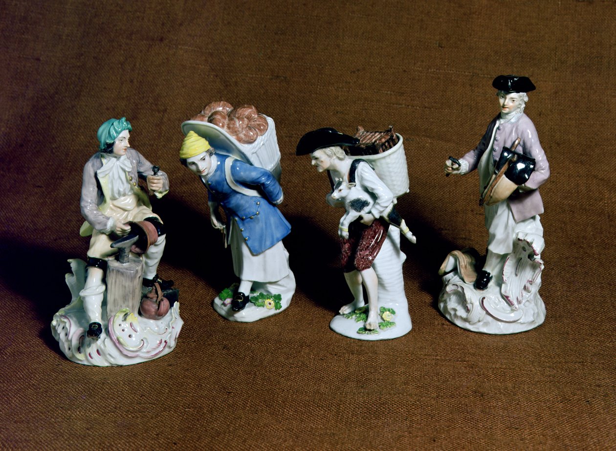 Meissen-figurer: salmaker, geiteselger og kobbersmed, modellert av Johann Joachim Kandler (1706-75) og en bakergutt av Peter Reinicke (1715-68), ca. 1750 (porselen) av German School