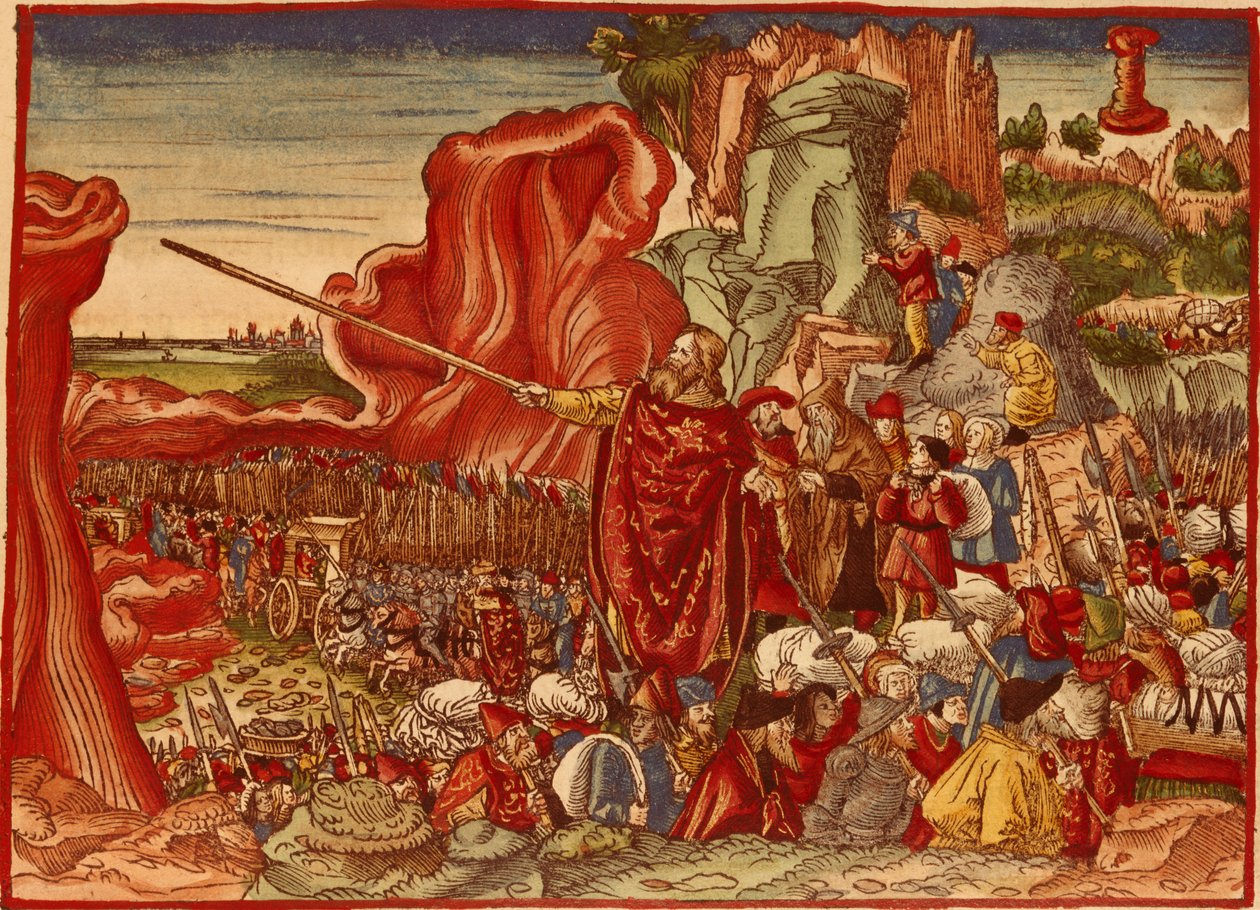 Moses skiller Rødehavet, bilde fra Luther-bibelen (håndfarget trykk) av German School