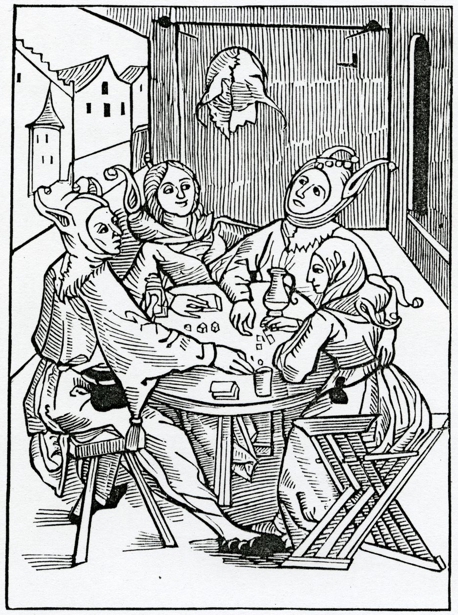 Av carde-spillere og dysere, illustrasjon fra Alexander Barclays engelske oversettelse av 'The Ship of Fools', fra en utgave utgitt i 1874 av German School