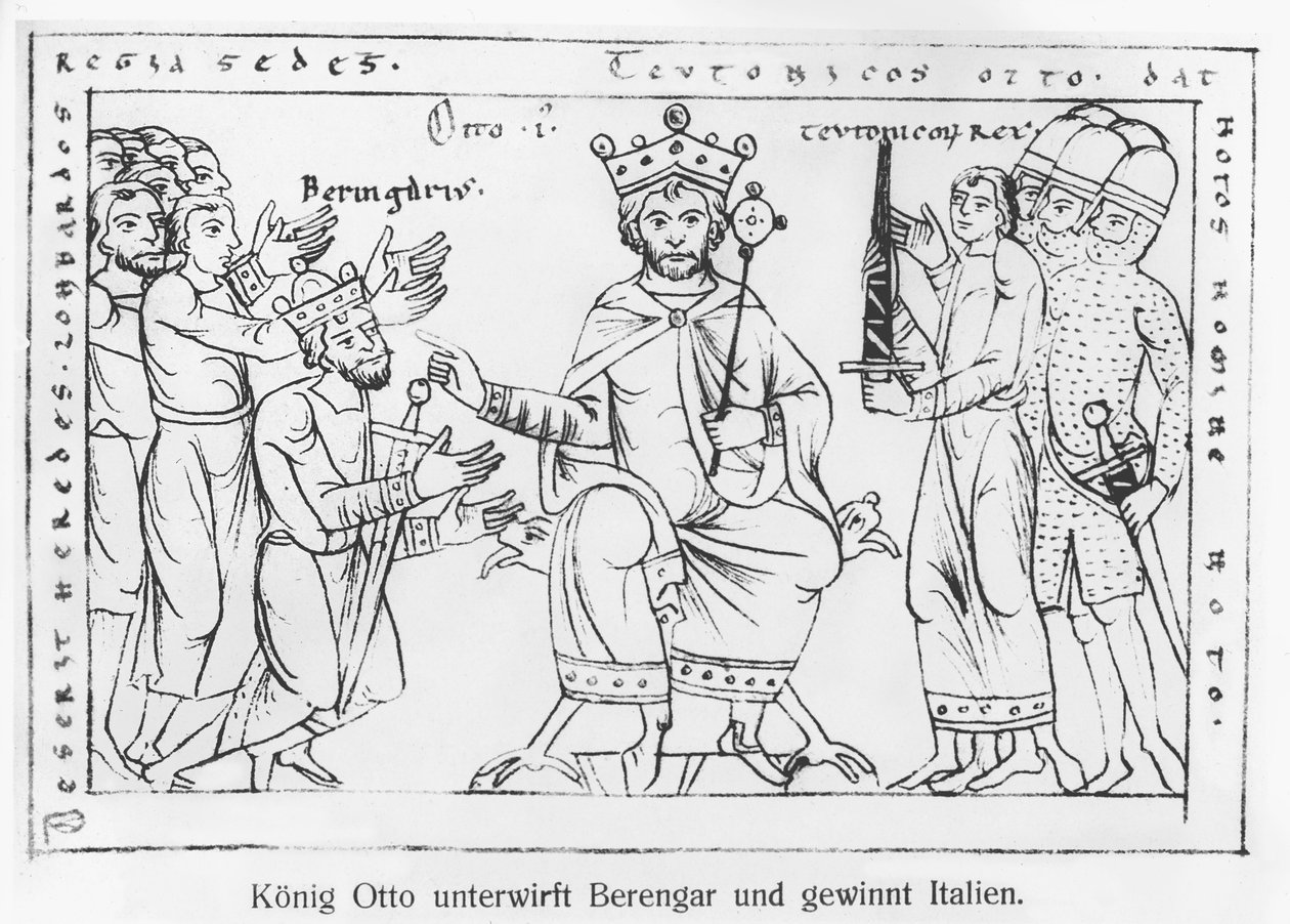 Otto I (912-73) Underkaster seg Berenger II (900-66) og Italias triumf, fra 'Chronique Othonique' (faksimile) av German School