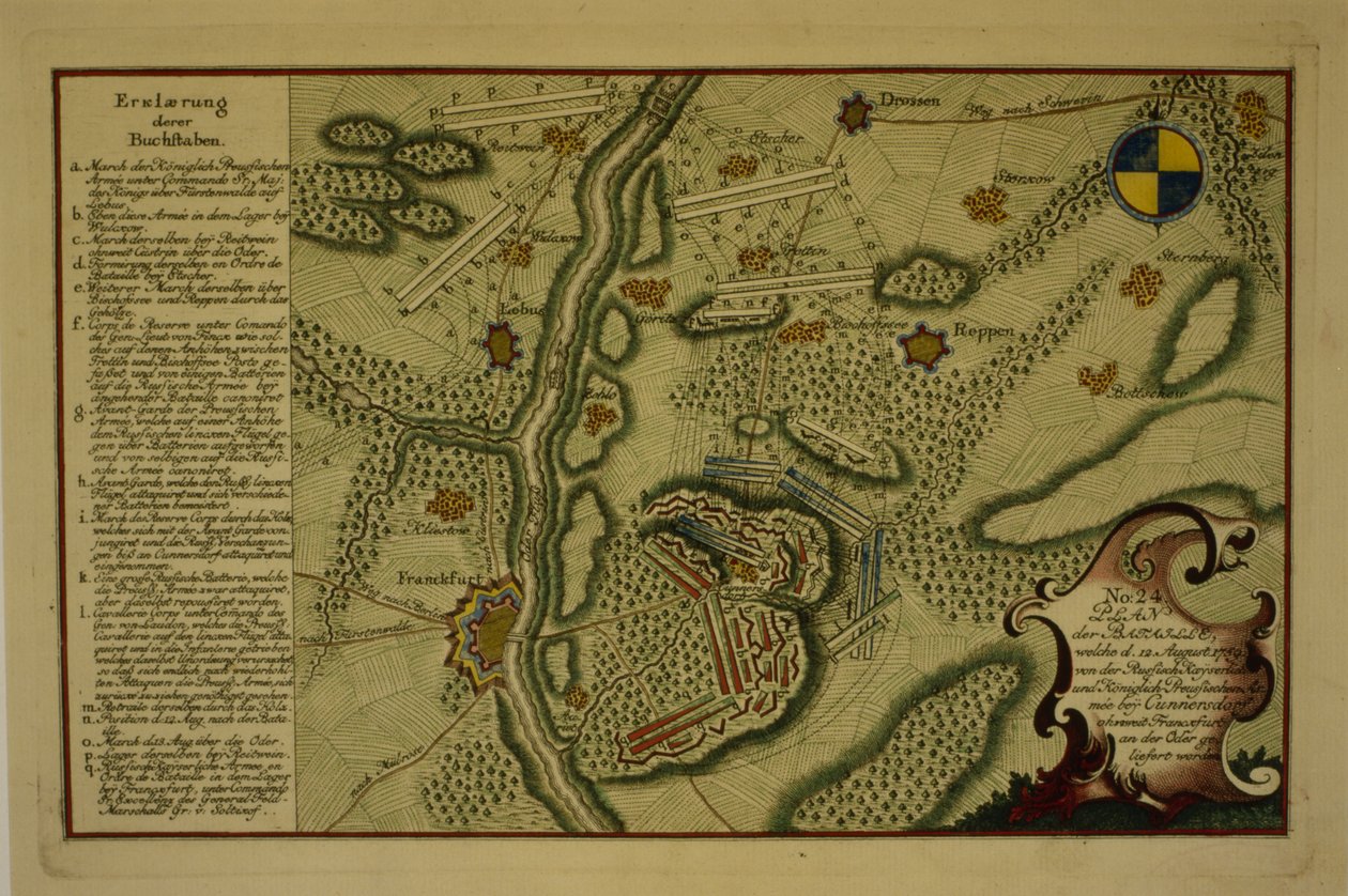 Plan for slaget ved Kunersdorf, 12. august 1759, 1759 (penn og blekk på papir) av German School