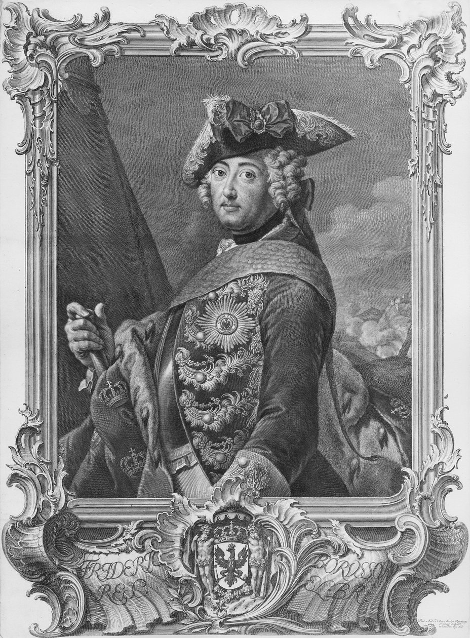 Portrett av Frederick II, The Great (1712-86), gravert av Kilian, Phillip Andreas (1714-59) av German School
