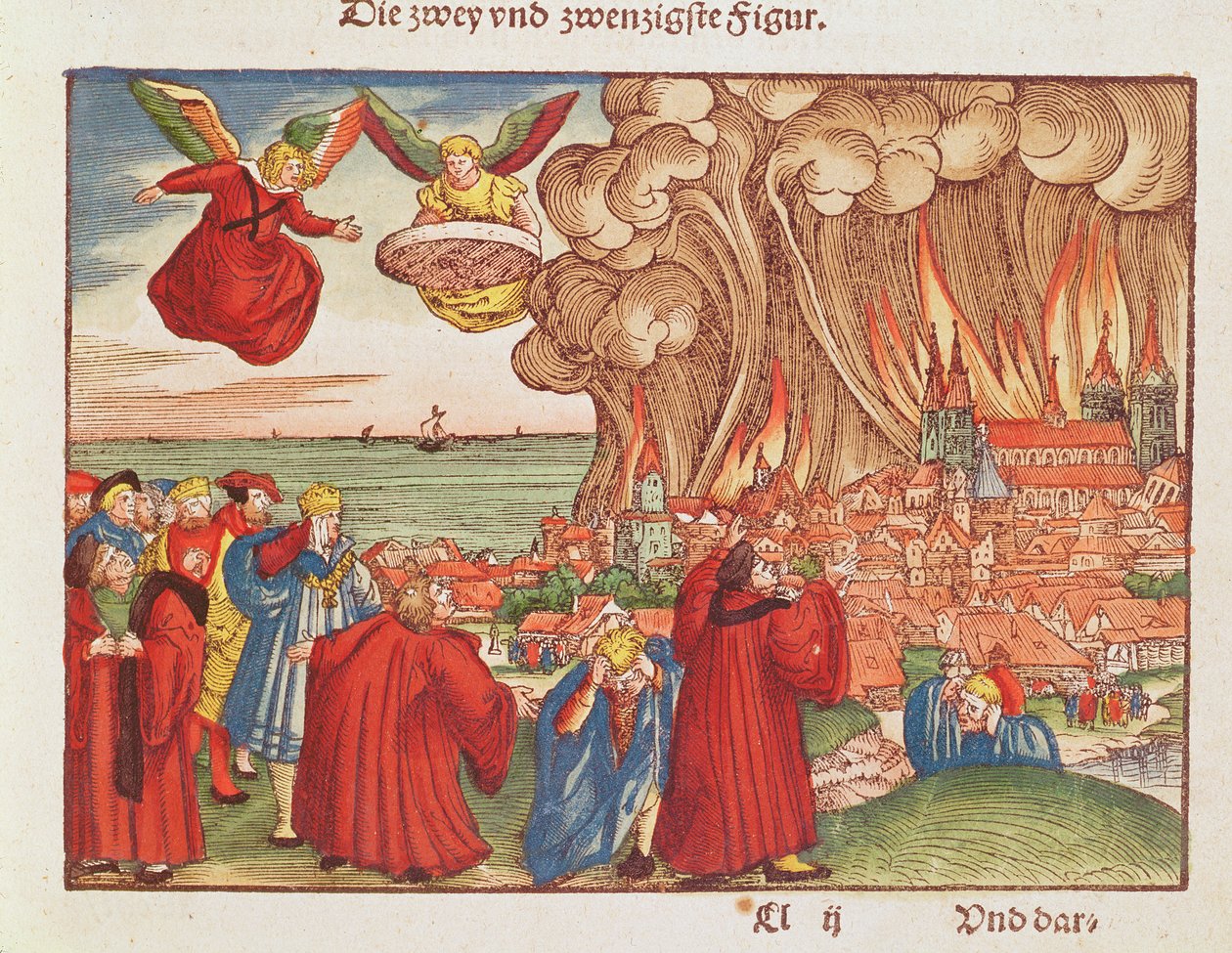 Åpenbaring 18: Babylon brenning, 1. utgave, fra Lutherbibelen, ca. 1530 (farget tresnitt) av German School