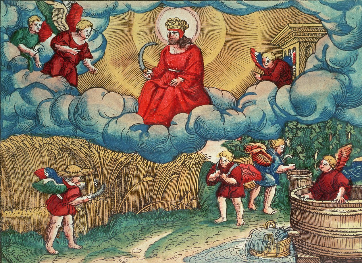 Åpenbaringen 14:14 The Reaper, Vision of Armageddon, fra Luther Bible, ca. 1530 (farget tresnitt) av German School