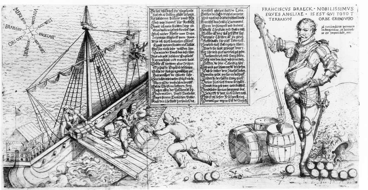 Sir Francis Drake (ca. 1540-96) ser på lastingen av skipet sitt av German School