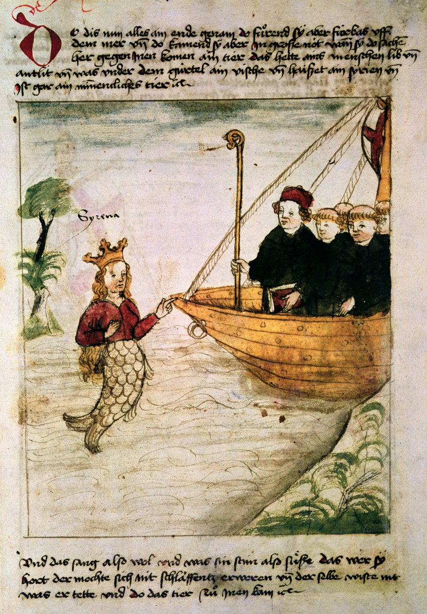 St Brendan og en sirene, fra den tyske oversettelsen av The voyage of the Abbed of St Brendan, ca. 1476 av German School