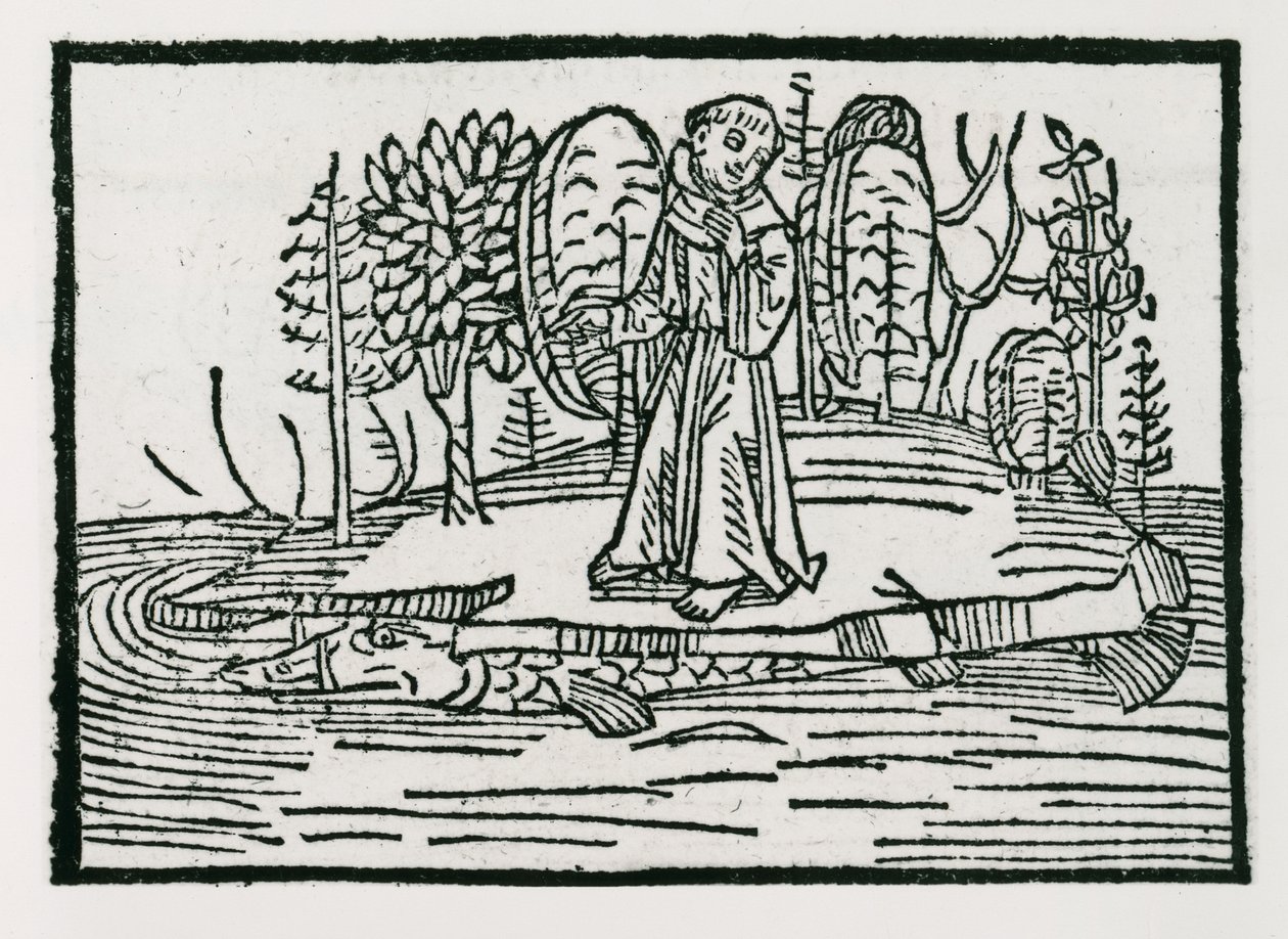 St. Brendan på fiskeøya, illustrasjon fra 'The Voyage of St. Brendan', 1499 av German School