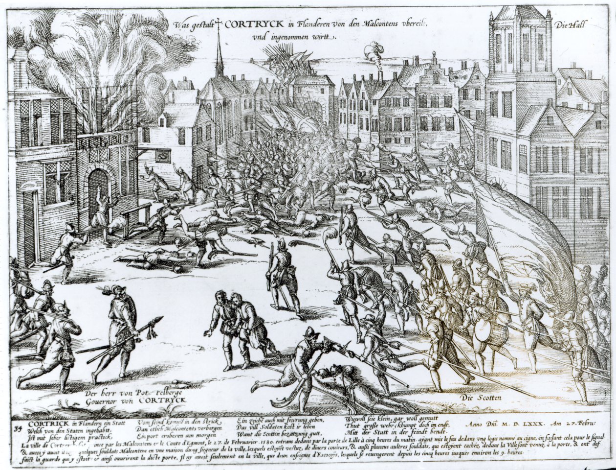 Slaget ved Courtrai mellom franskmennene og flamerne, 1580 av German School