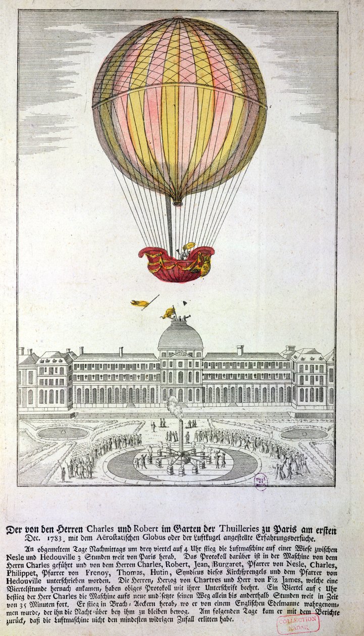 The Flight of Jacques Charles (1746-1823) og Nicholas Robert (1761-1828) fra Jardin des Tuileries, 1. desember, 1783 av German School