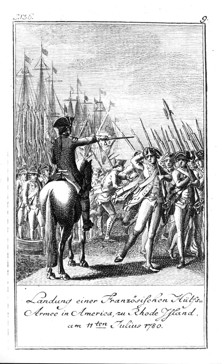 Landingen av en fransk hjelpehær på Rhode Island i Amerika, 11. juli 1780 av German School