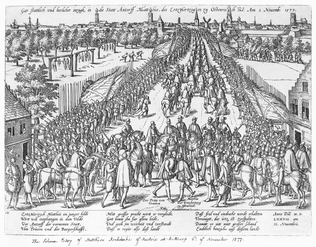 Matthias erkehertug av Østerrikes høytidelige inntreden i Antwerpen, 2. november 1577 av German School