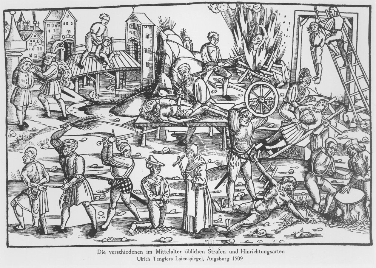 De vanlige straffene i Tyskland under middelalderen, illustrasjon fra Laienspiegel av Ulrich Tengler, utgitt Augsburg 1509 av German School