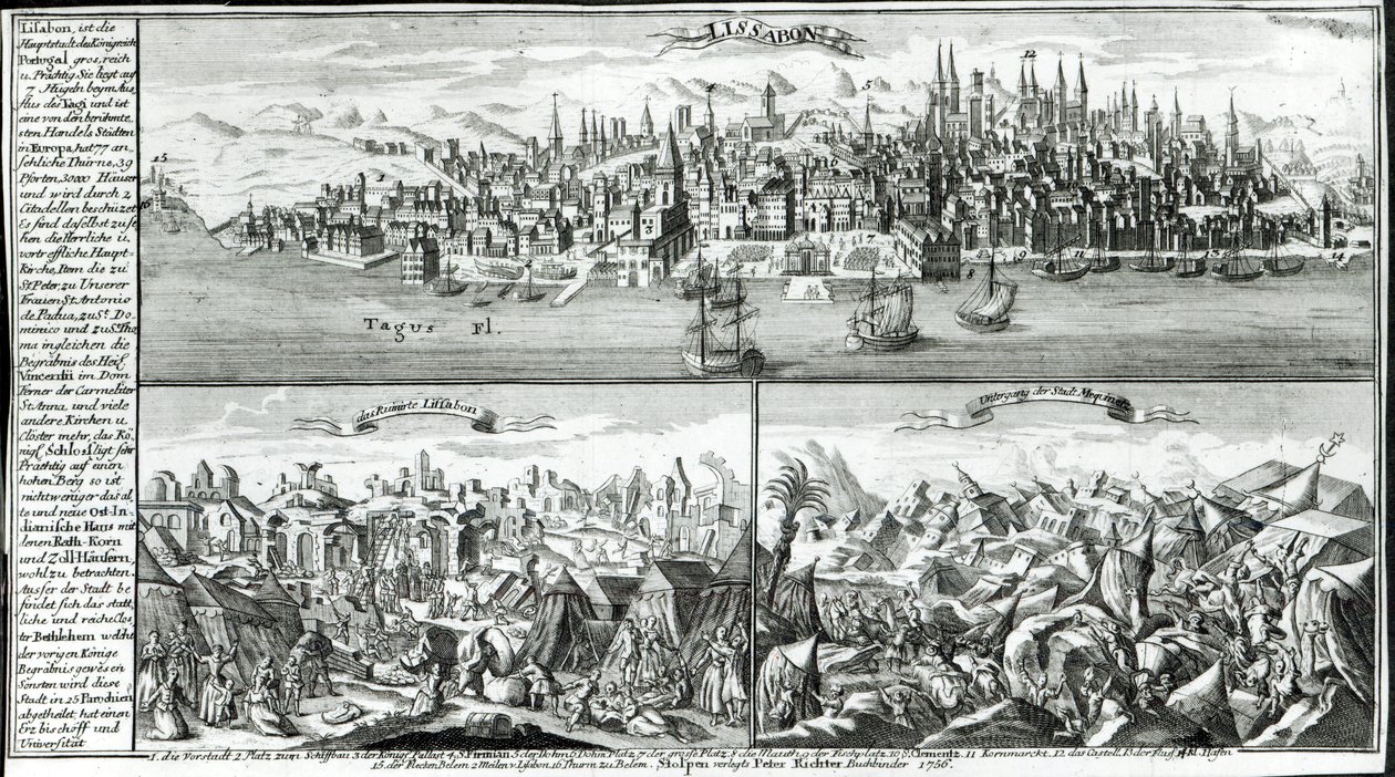 Byen Lisboa før, under og etter jordskjelvet i 1755 av German School