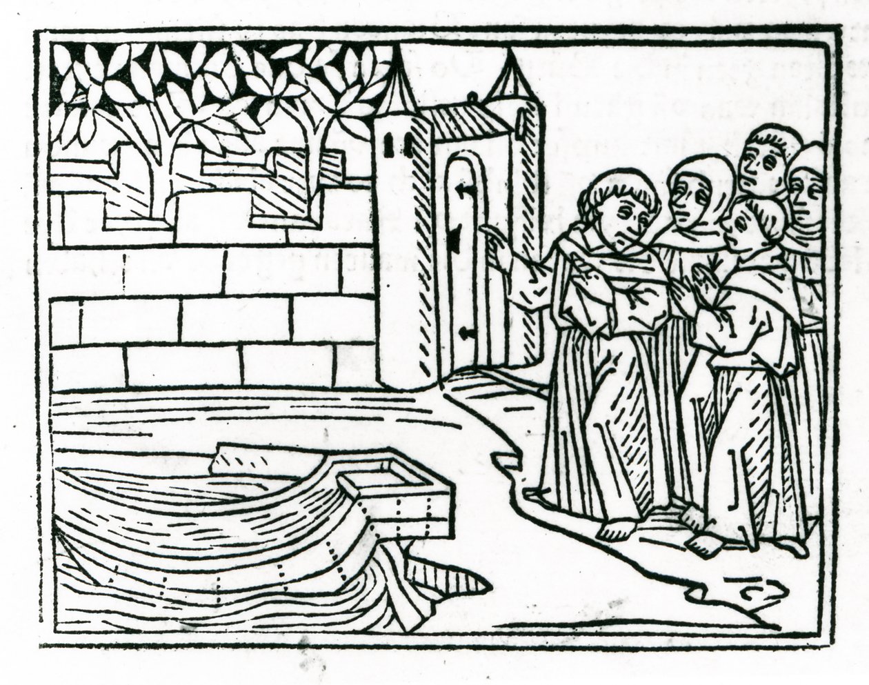 Munkene forlater Irland på jakt etter øya Paradise, illustrasjon fra 'The Voyage of St. Brendan', 1499 av German School