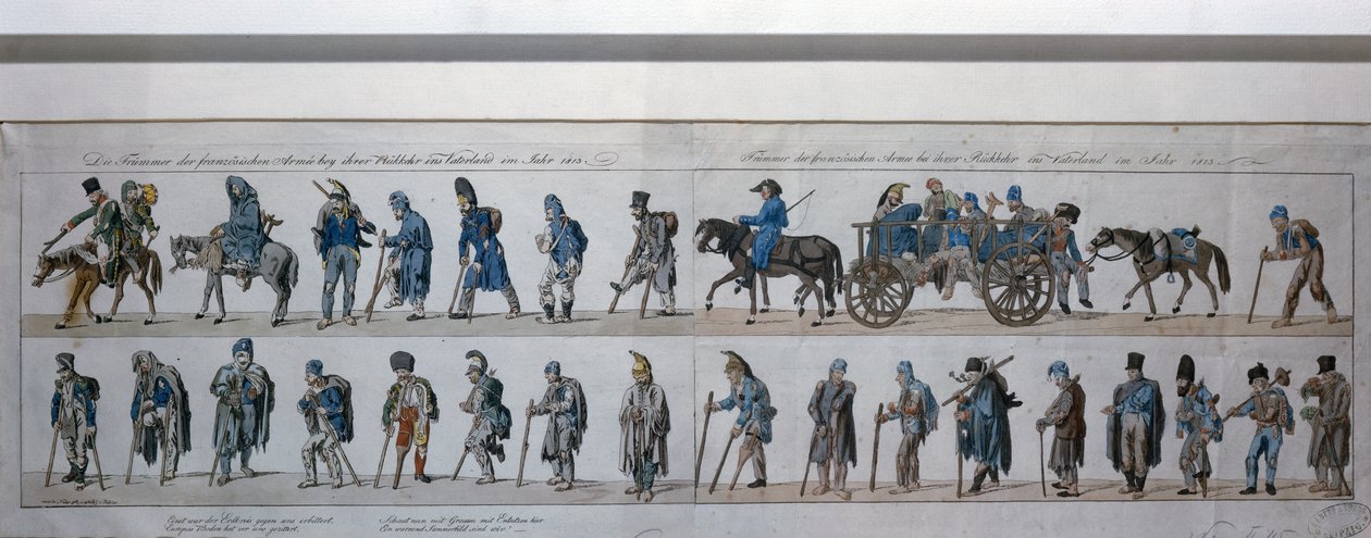 Retur av den beseirede franske hæren fra Russland i 1813 (håndfarget gravering) av German School