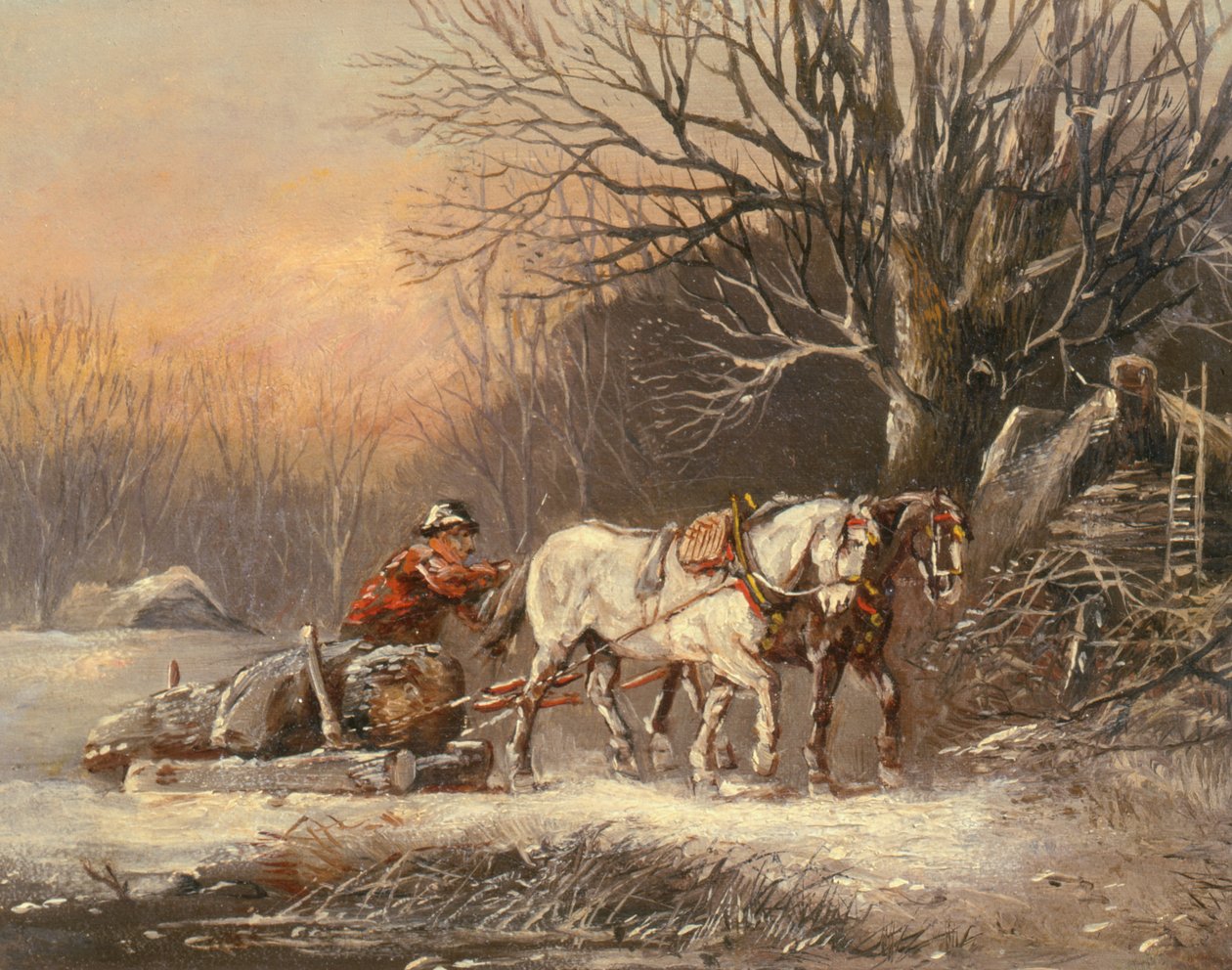 Tømmerslede om vinteren, 1800-tallet av German School