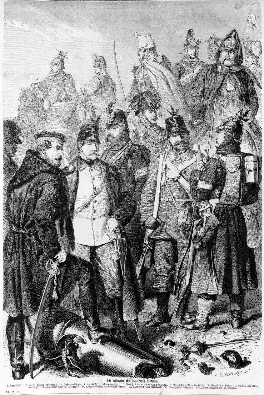 Hertugdømmekrig, østerrikske og prøyssiske soldater og offiserer som kjemper for Schleswig-Holstein, 1864, utgitt i Leipzig av German School