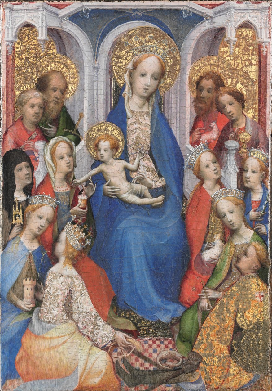Enthroned Virgin and Child, med Saints Paul, Peter, Clare of Assisi, Mary Magdalene, Barbara, Catherine of Alexandria, John the Baptist, John the Evangelist, Agnes, Cecilia, Margaret of Antioch, og George av Master of Saint Veronica