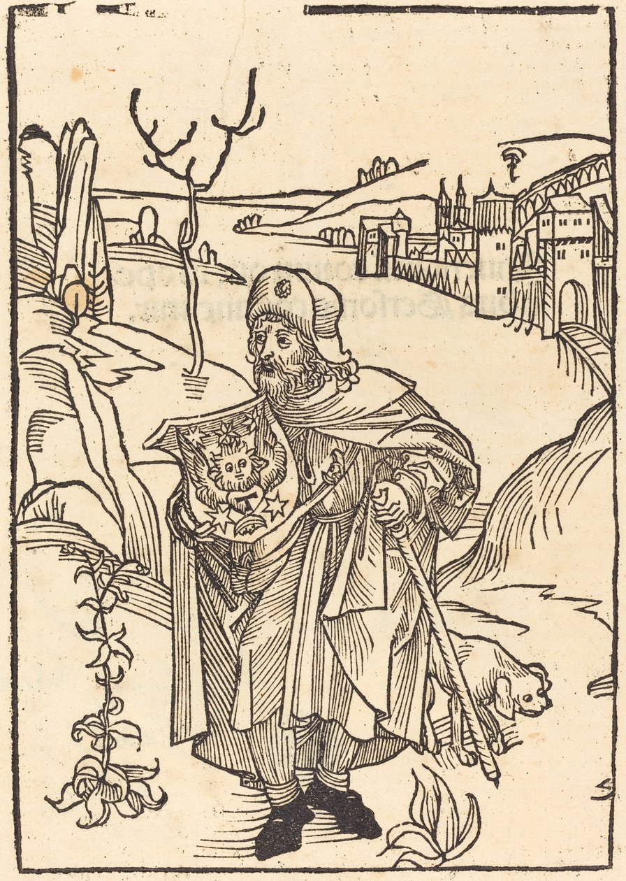 Gerson som pilegrim med byen i bakgrunnen av German 15th Century
