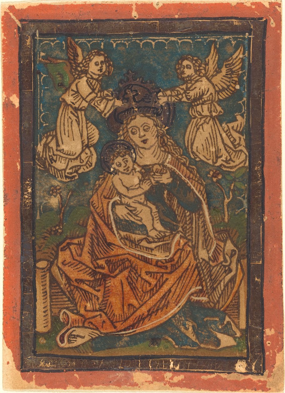 Madonna og barn sitter på en gresskledd bredde med engler av German 15th Century