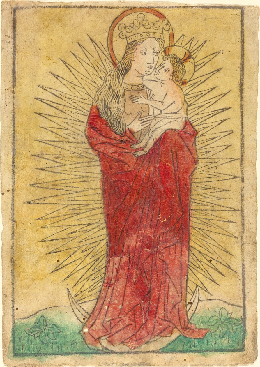 Madonna og barn i en herlighet som står på en halvmåne av German 15th Century