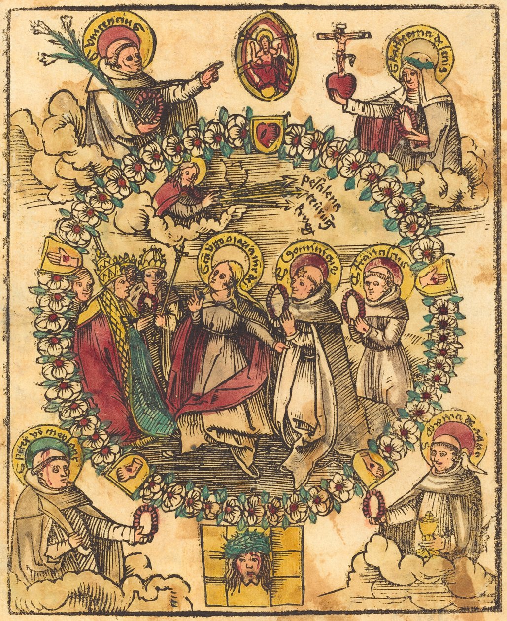 Madonna i en rosenkrans med hellige av German 15th Century