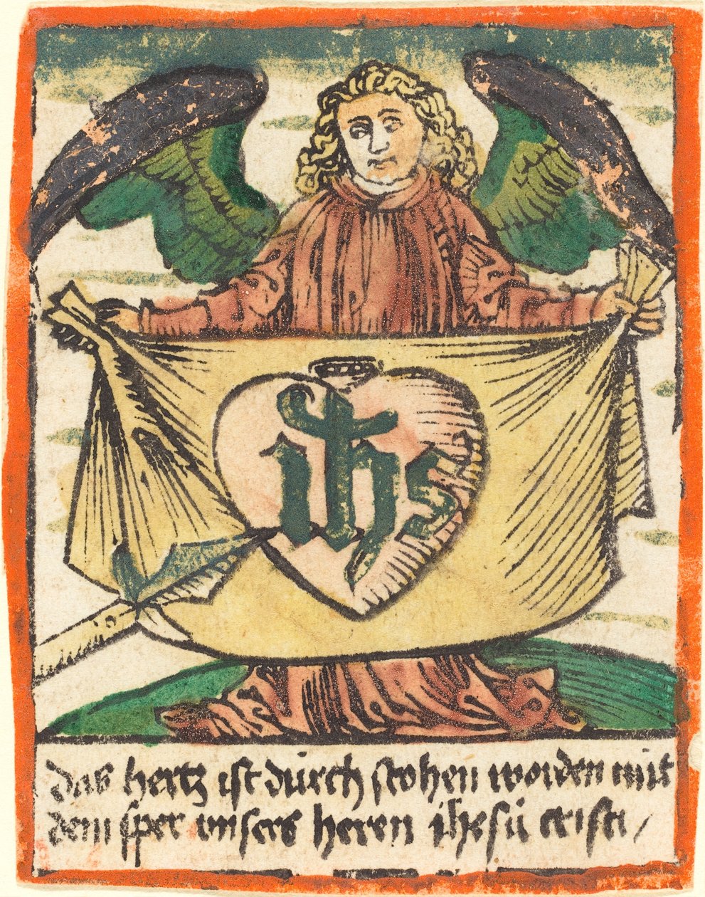 Hellig monogram i et hellig hjerte på en klut holdt av en engel av German 15th Century