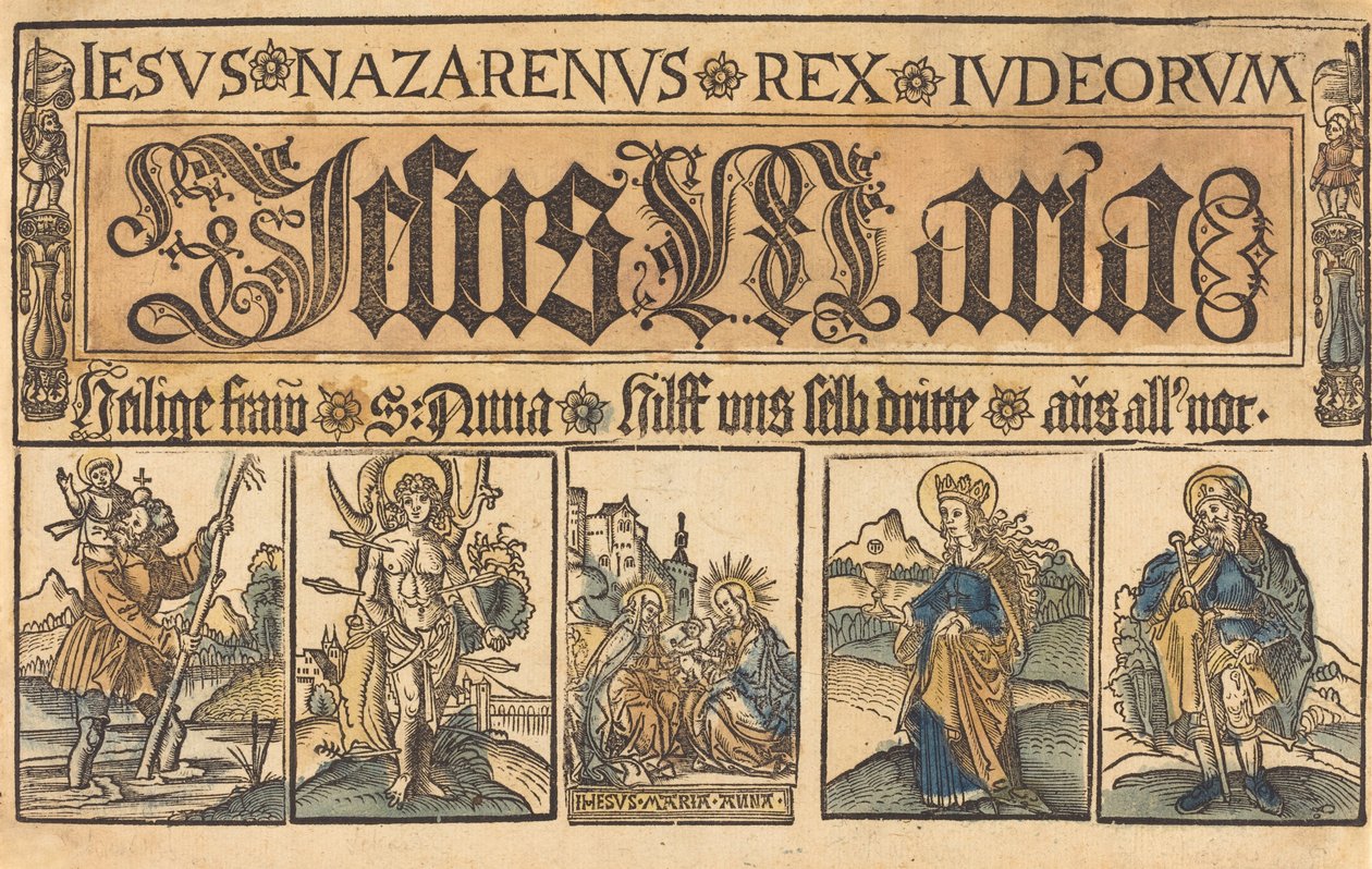Saint Anne, Madonnaen og barnet og de hellige Christopher, Sebastian, Clara og Roche av German 15th Century