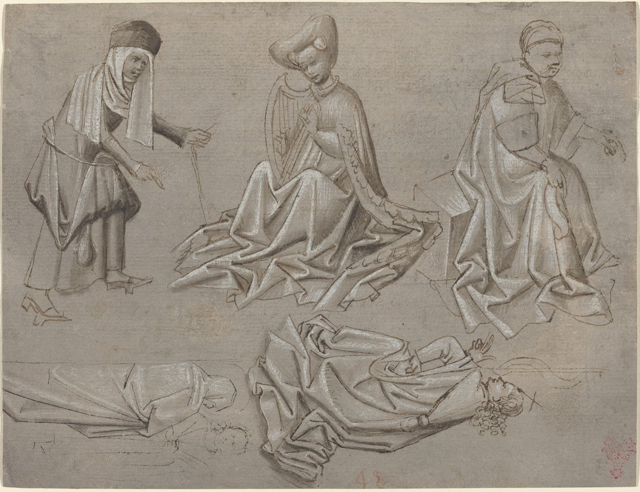 Studier for seks figurer (ark fra en modellbok) [recto] av German 15th Century