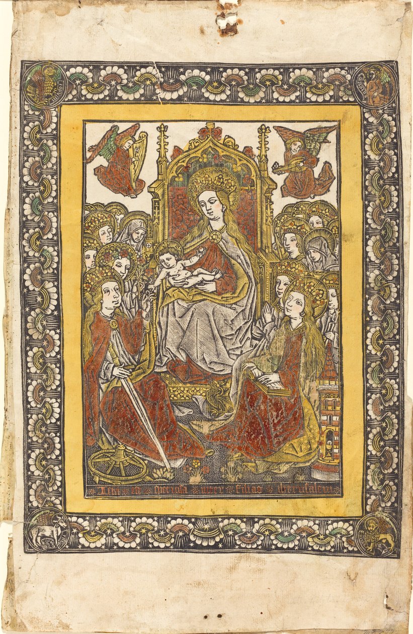 Madonnaen tronet med atten hellige kvinner av German 15th Century or Master with the Mountain Like Clouds