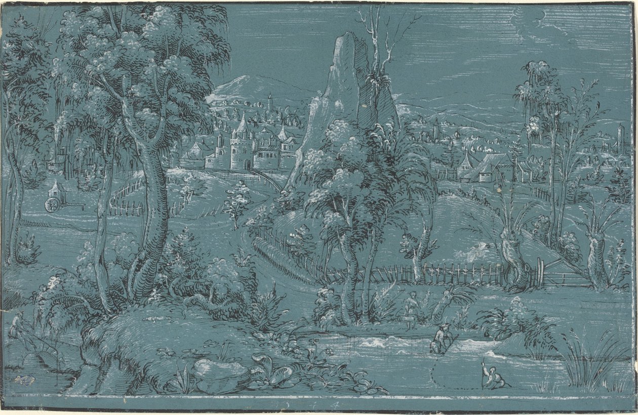 Landskap med menn som fisker av German 16th Century